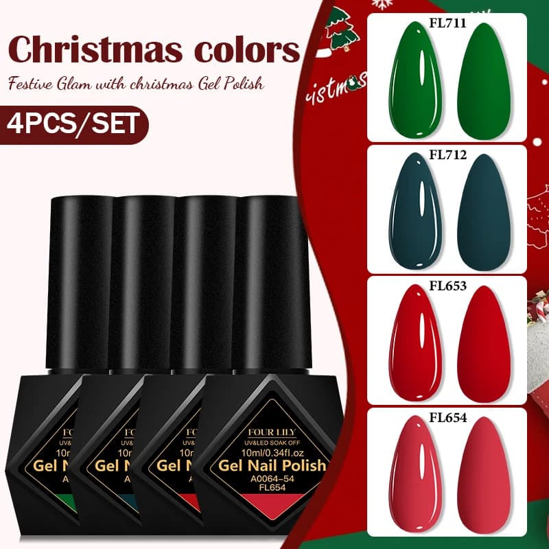 4 pezzi di smalto gel colorato natalizio set 10ml effetto glitter semi permanente Soak Off smalto gel UV manicure forniture per unghie fai da te