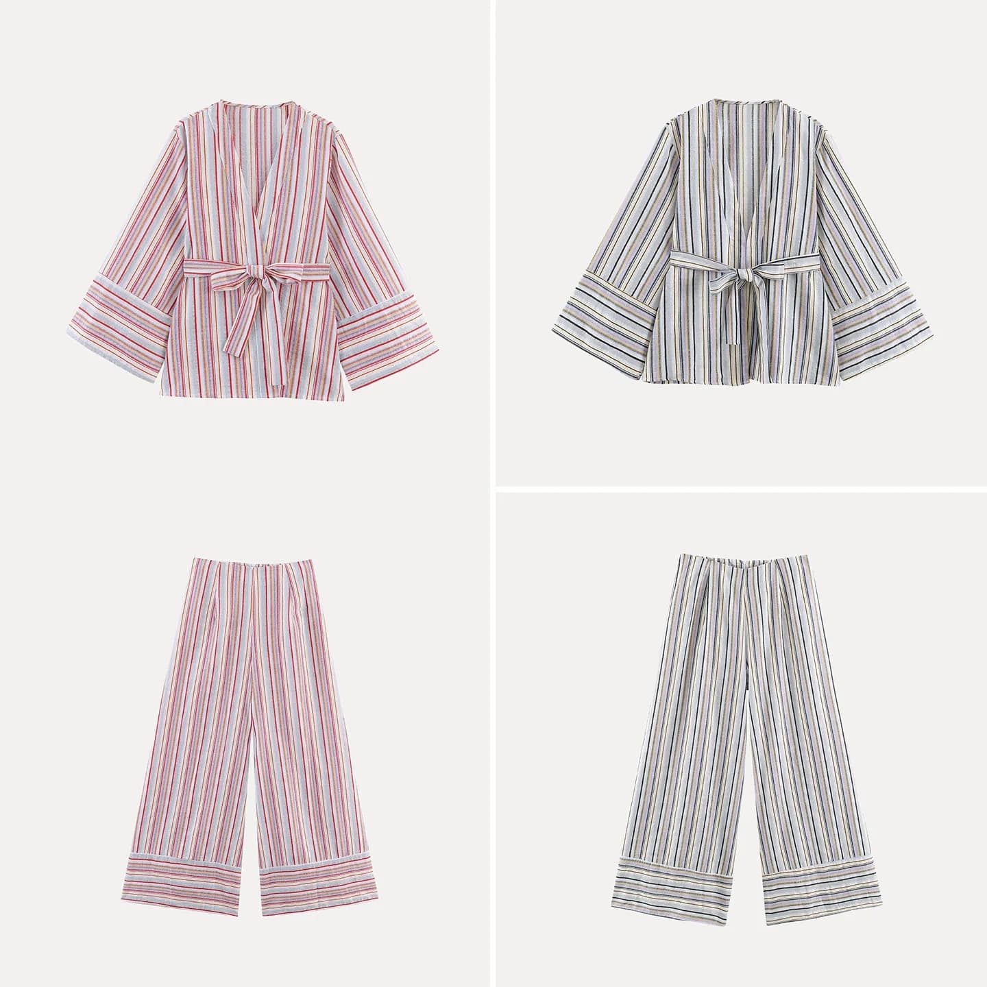 Casual Striped Loose Belted Multi-Color Women's Set Summer Commute Style Long Pants Shirt Two-Piece Suit Versatile Fashionable