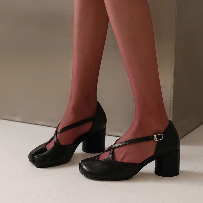 Arden Furtado Summer Sheepskin Cross Tied Chunky Heels Mary Jane Closed Toe Round Split Toe Large Size Sandals