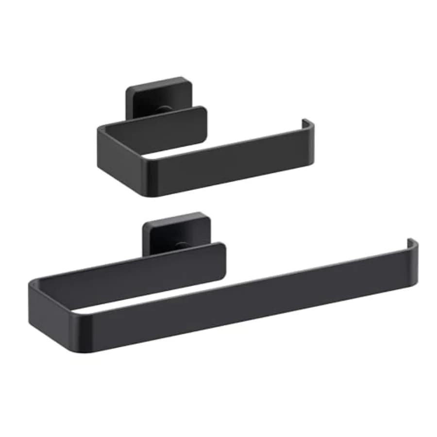 Bathroom hardware set for towel bar and toilet paper holder, solid brass, matte black, rust-resistant with modern square design