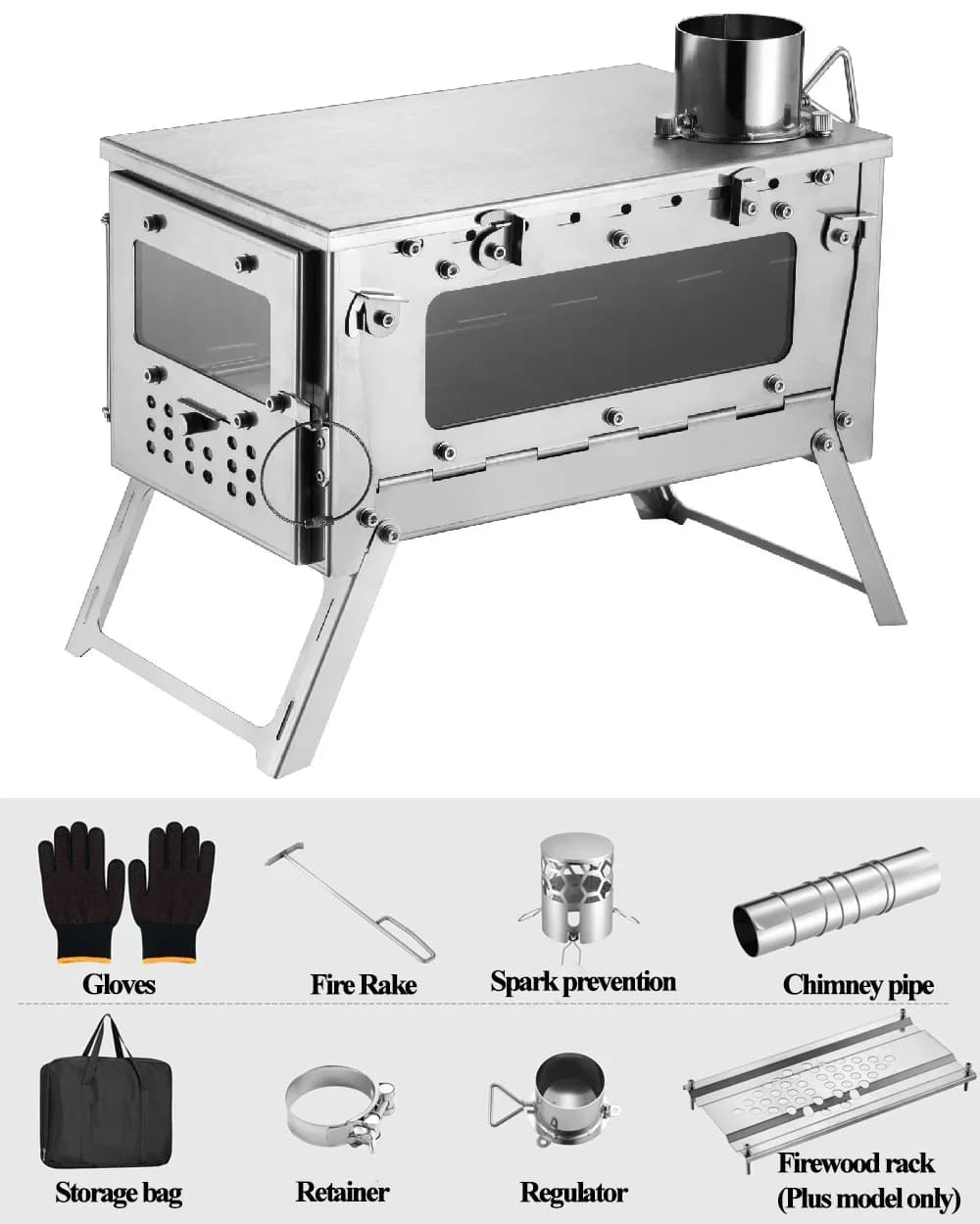 Stufa a Legna Pieghevole Portatile in Lega di Titanio Dorata con Vetro Multiplo, Stile Outdoor Elegante, per Picnic e Campeggio, 15L