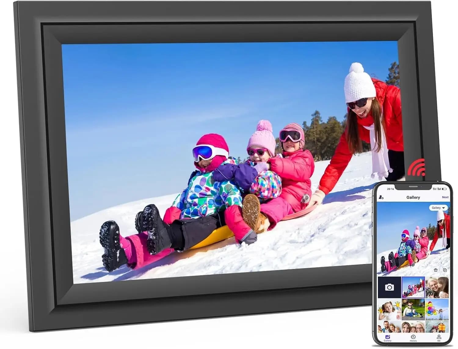 Cornice Digitale 10.1 Pollici con WiFi e Schermo Touch, 16GB, Condividi Foto e Video tramite App, da Tavolo o da Parete, Regalo per la Mamma