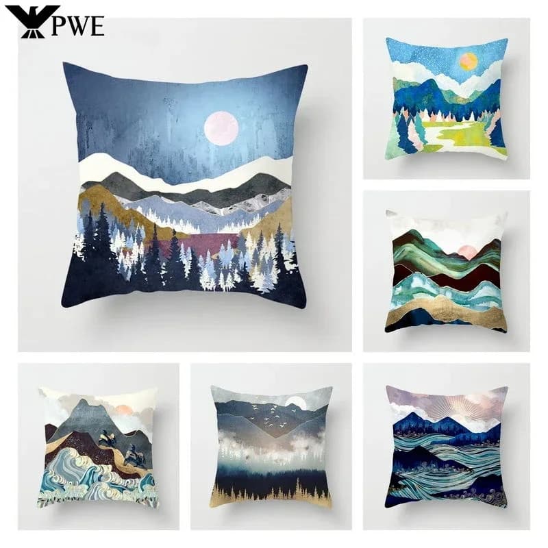 New Mountains Ocean Polyester Cushion Cover Hand Painting Modern Art Decorative Pillows Livingroom Sofa Car Pillowcase 45x45cm