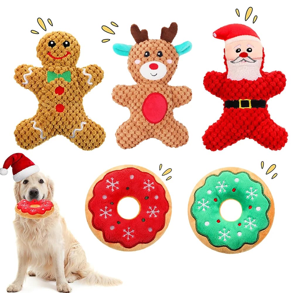 Animale domestico Peluche Squeak Toy Babbo Natale Alce Gingerbread Man Ciambella Gatto Cane Cartone animato Peluche Suono Giocattoli da masticare Regalo di Natale Prodotti per animali domestici