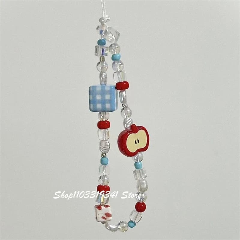 Korean Cute Apple Pearl Beaded Phone Charms Chain For iPhone 16 15 Accessories Phone Strap Anti-Lost Lanyard Hanging Rope Girl