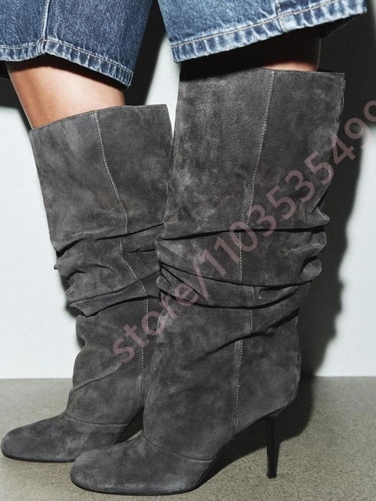 Riding boots folded with round tip grey rectronous 2026 Long spring/autumn boots Western boots above casual woman's knee