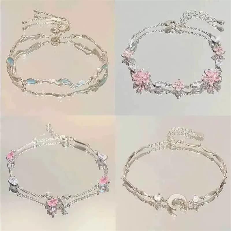 Elegant Crystal Flowers Bracelet For Women Y2K Sweet Moon Cherry Blossom Bow Zircon Bracelets Luxury Designer Jewelry Gift