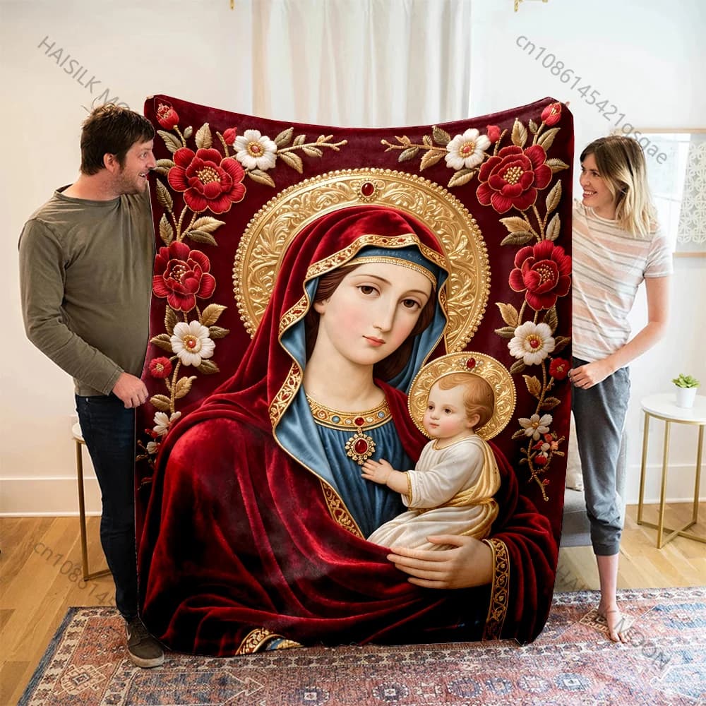 Coperta con Stampa della Vergine Maria in Abito Rosso, Morbida e Calda per Bambini e Adulti, Ideale per Divano, Letto, Viaggi e Campeggio