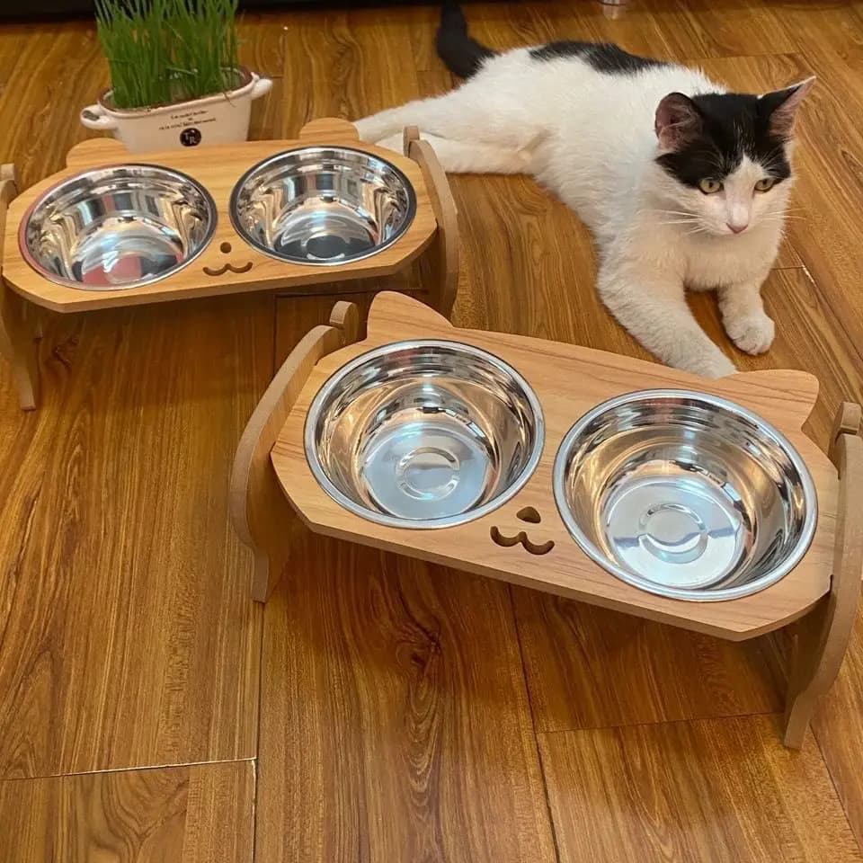 Ciotole Doppie per Gatti - Piatti per Cibo in Acciaio Inox e Ceramica con Supporto in Legno, Adatti per Gatti Adulti e Gattini