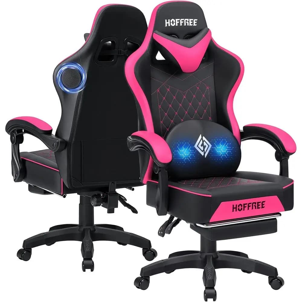 Poltrona da Gaming Reclinabile in Peluche con Massaggio, Altoparlanti Bluetooth e Cuscino a Molla in Rosa e Nero