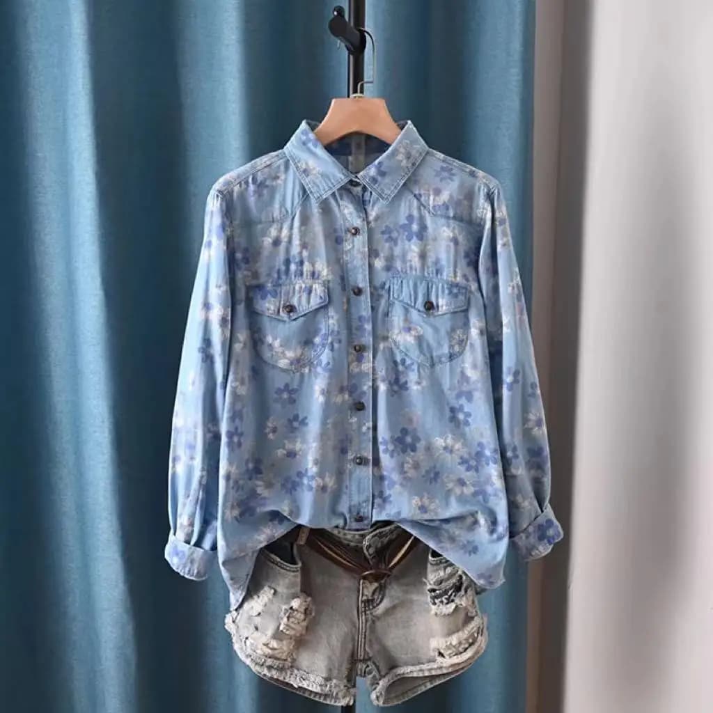 Camicette eleganti da donna camicie in denim firmate camicette eleganti e fini da donna Camicette jeans stampate blu moda Giappone Harajuku