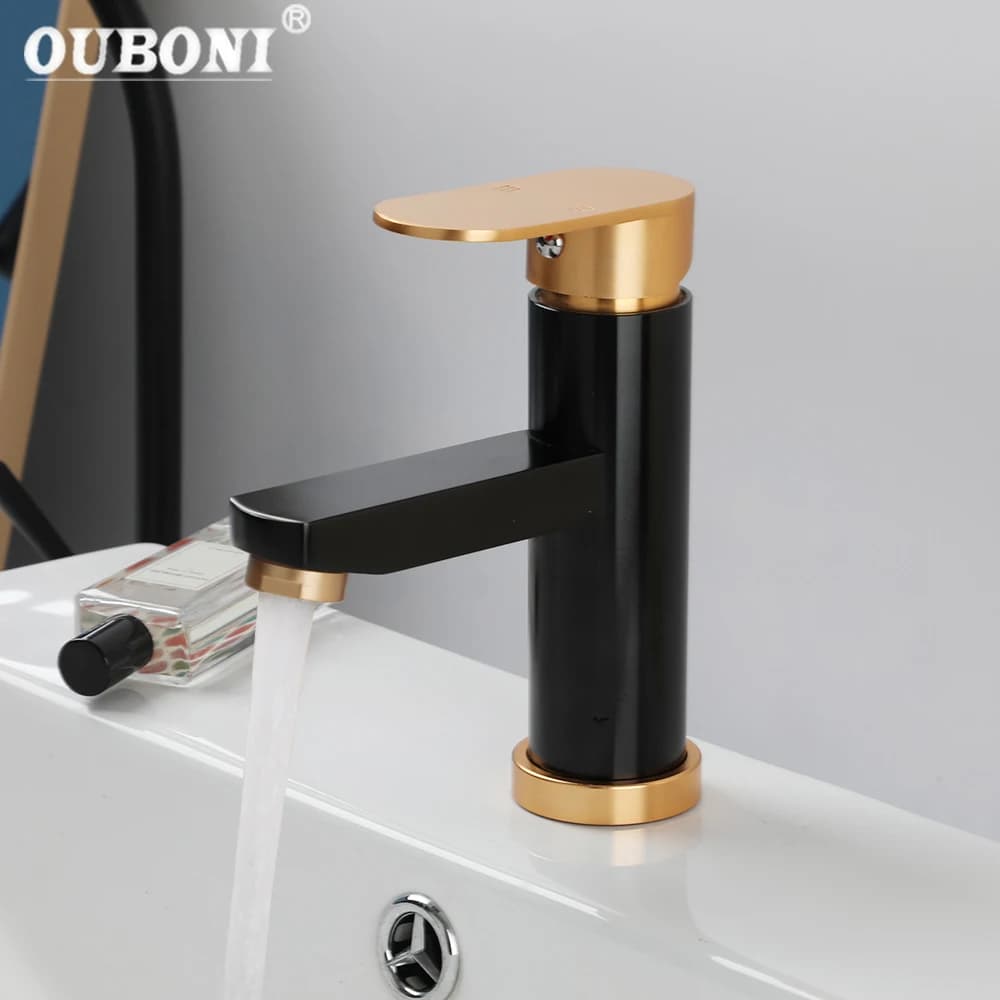 Rubinetto per lavabo da bagno OUBONI beccuccio per flusso montato sul ponte nero abbinato a rubinetti miscelatori con maniglia dorata rubinetti di controllo a maniglia singola