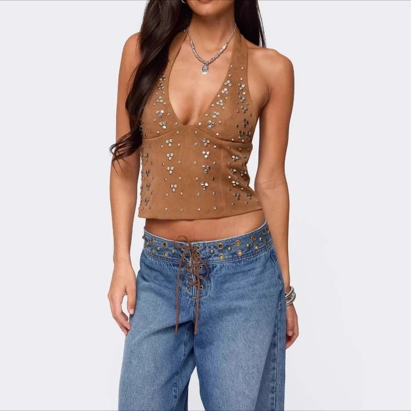 Women'S Vintage Beading Rivet Y2K Metal Sling Tank Croped Tops V Neck Camisole Slim Thin Vest Top Summer T Shirt Casual Punk