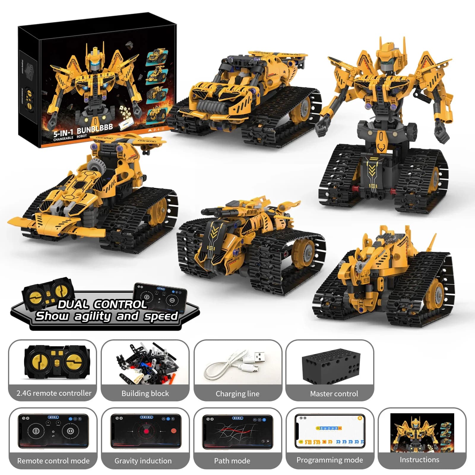 Robot Trasformabile 5-in-1 con Telecomando Elettrico, Blocchi da Costruzione Fai-da-Te, Auto da Corsa, Giocattolo Creativo, Regalo di Compleanno per Ragazzi