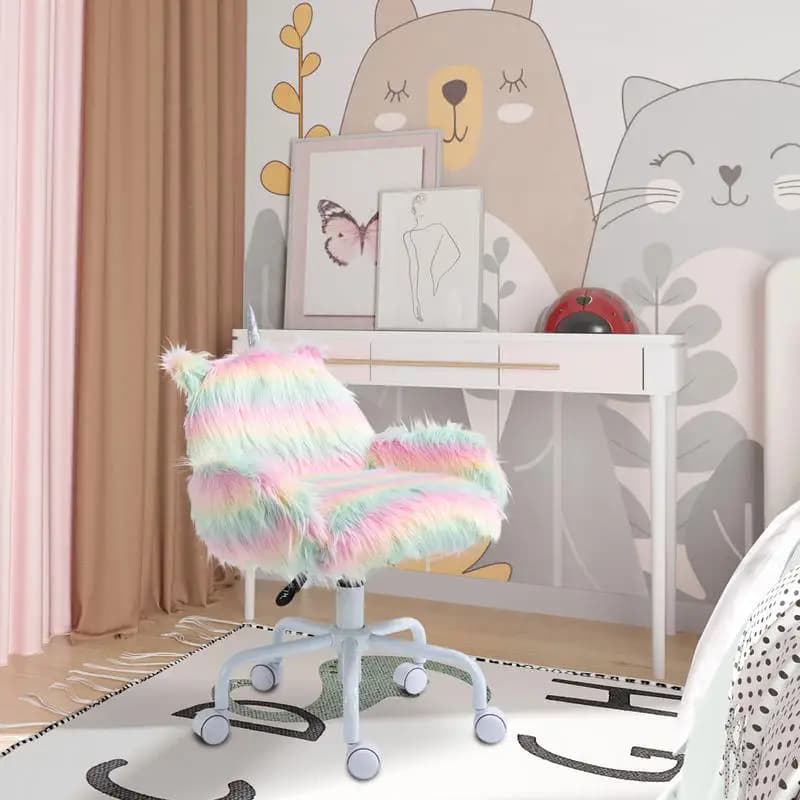 HOMCOM Sedia da Ufficio Unicorno Morbida con Schienale Medio e Supporto per Braccioli, Base Girevole a 5 Razze Bianca, Arcobaleno