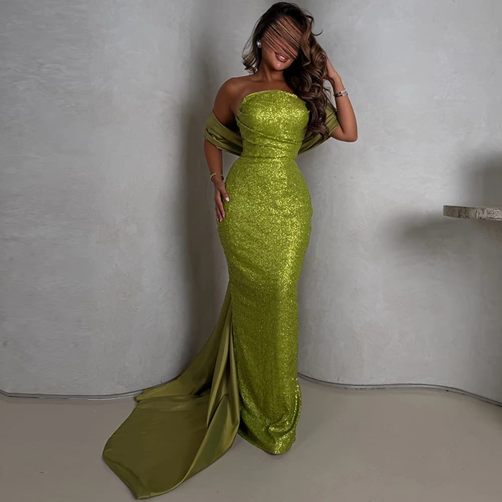 Formal Tulle Evening Dress Graceful Sequined Strapless Prom Dresses Delicate Watteau Train Customized Special Occasion Gowns