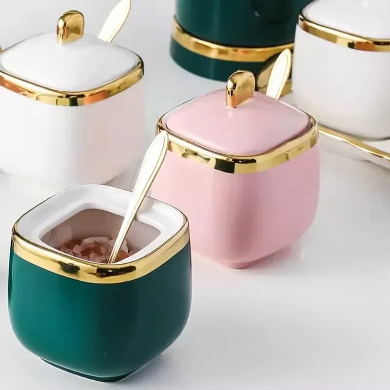 Strumento per condimenti da cucina Zuccheriera Creativo Set di barattoli per condimenti in ceramica verde scuro Scatola per condimenti per sale con coperchio per uso domestico