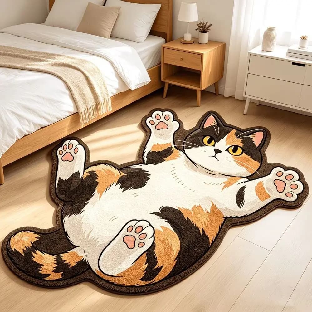 Cute 2D Cat-Shaped Area Rug Anti-fouling Easy to Clean Home Decor Carpet Non-Slip Cartoon Carpet Bedrooms