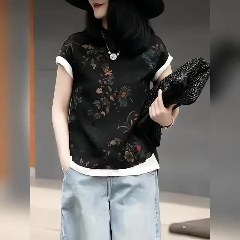 Camicette Vintage Stampate con Collo a O e Design a Due Pezzi Finti, Abbigliamento Donna, Nuovi Top Eleganti e Comodi per l'Estate, Camicie Versatili