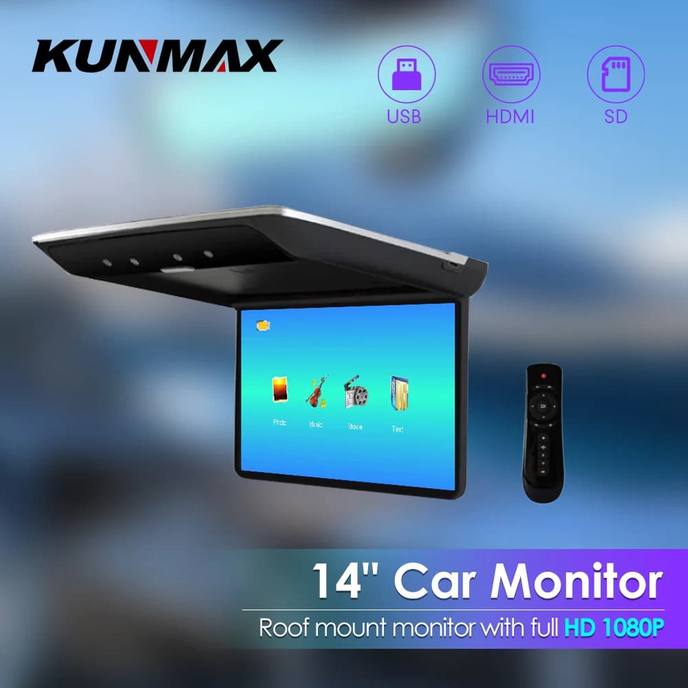 Monitor da tetto per auto da 14 pollici TV Flip Down 1080P Video HD Schermo Lettore MP5 Schermo IPS con luce ambientale a 16 colori USB SD HDMI FM