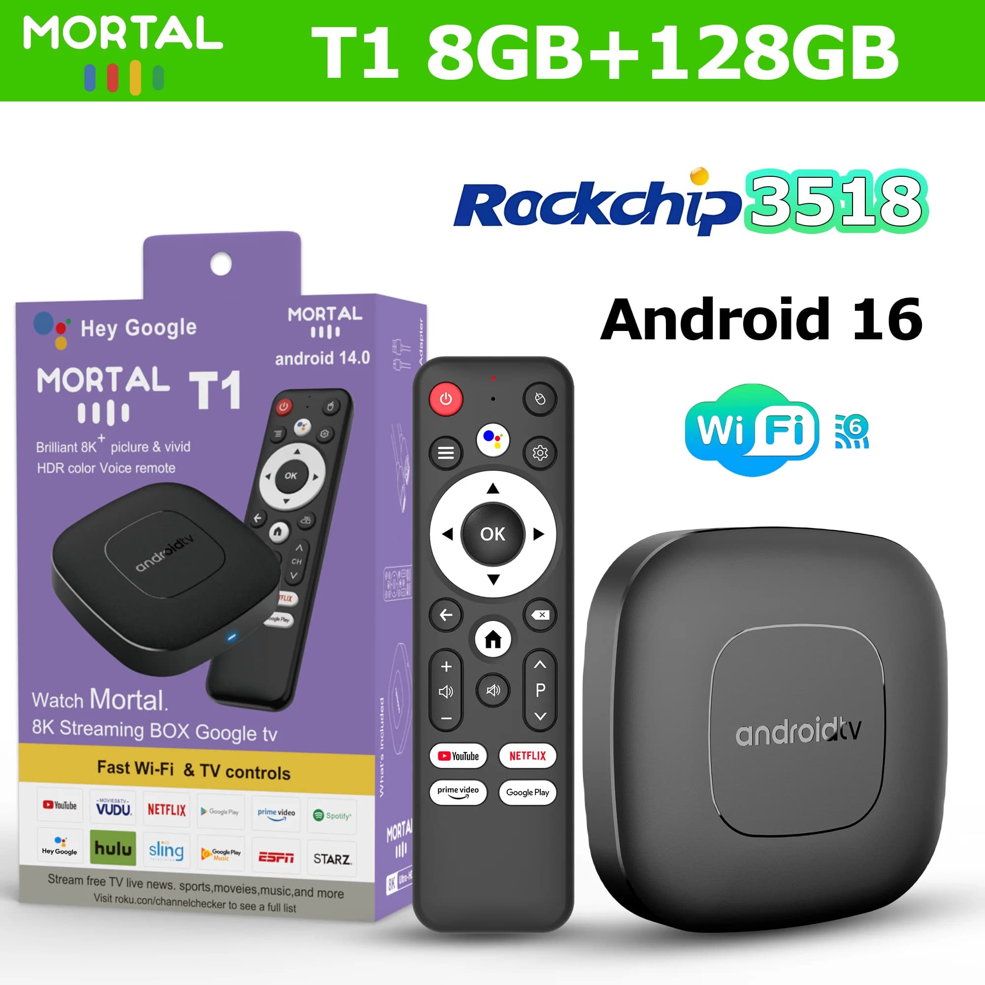 Mortal Android 16 Smart Tv Box T1 4K Google Chromecast Voice 8G 128G Ram HDR10 Video WIFI 6 RK3518 BT5 Lettore Multimediale Set Top Box