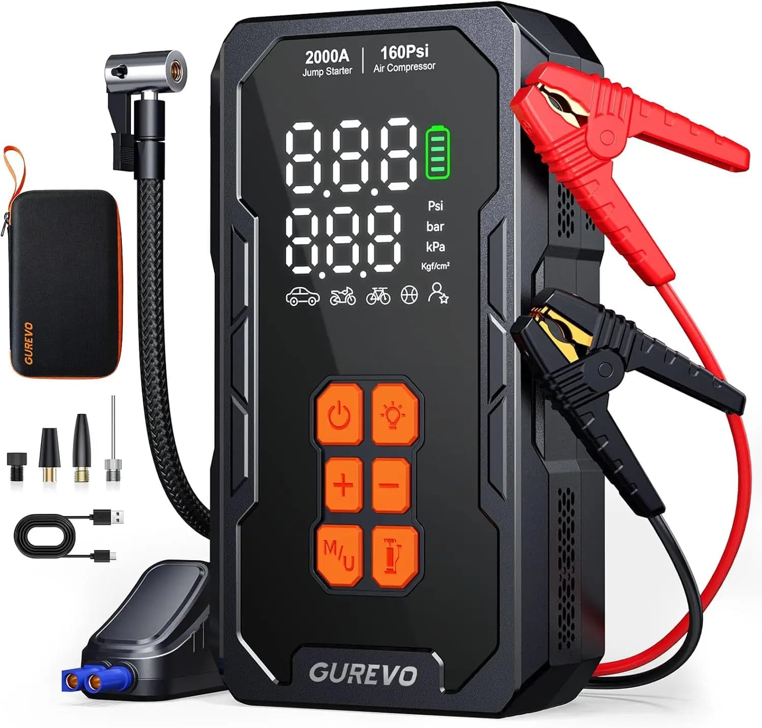 Avviatore di Emergenza 2000A con Compressore d'Aria, Avviatore Portatile per Batteria Auto e Gonfiatore Pneumatici 160PSI per Motori a Benzina/Diesel