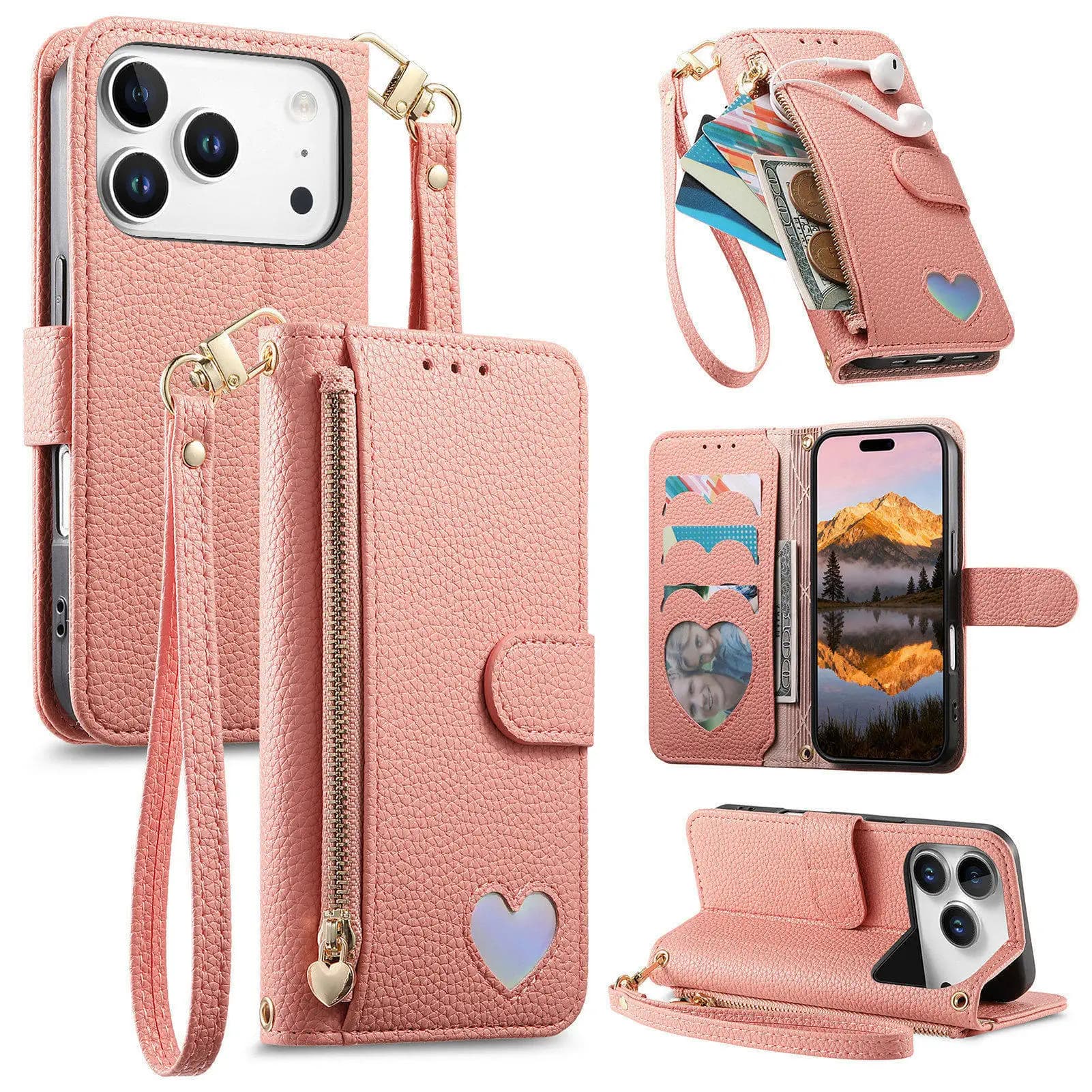 Suitable for Apple 17 love-themed zipper wallet cover, iPhone 17 Pro Max phone case, card slot, 16E anti-drop protection.