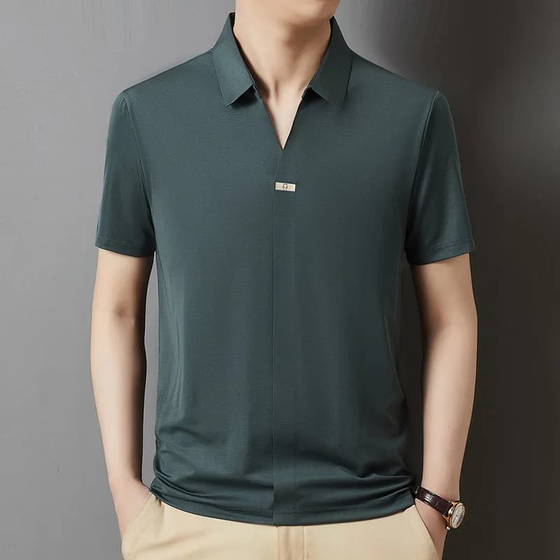 Summer New Scissor Neck Short Sleeve Polo Shirt Men's Solid Color Breathable Ice Silk Half Sleeve T-shirt Men's Hair Replac