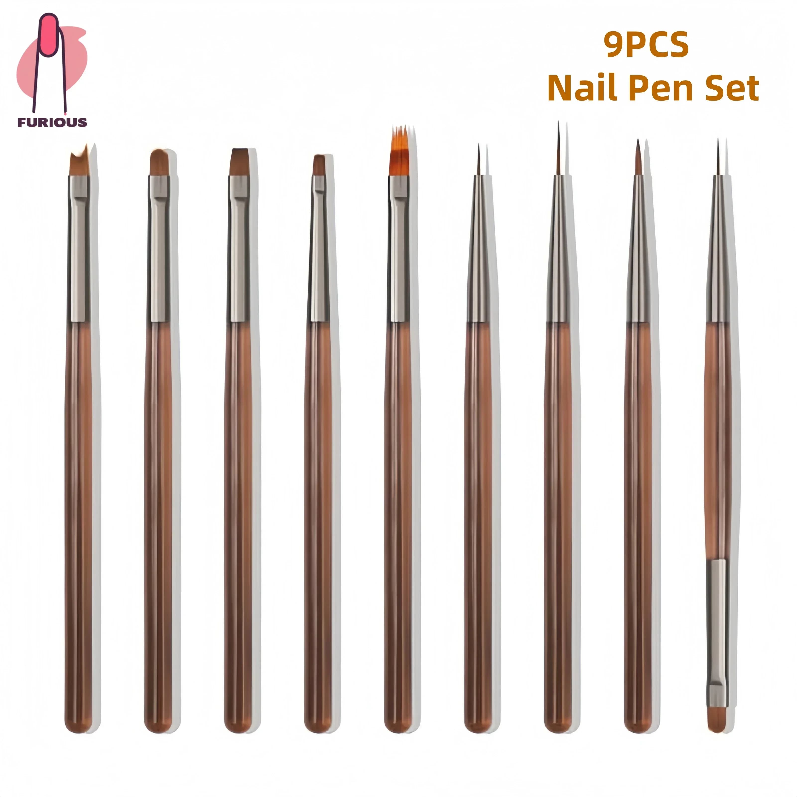 Set di 9 Pennelli Professionali per Nail Art, Pennelli per Decorazione Unghie Fai-da-Te, Strumenti per Manicure, Marrone e Grigio