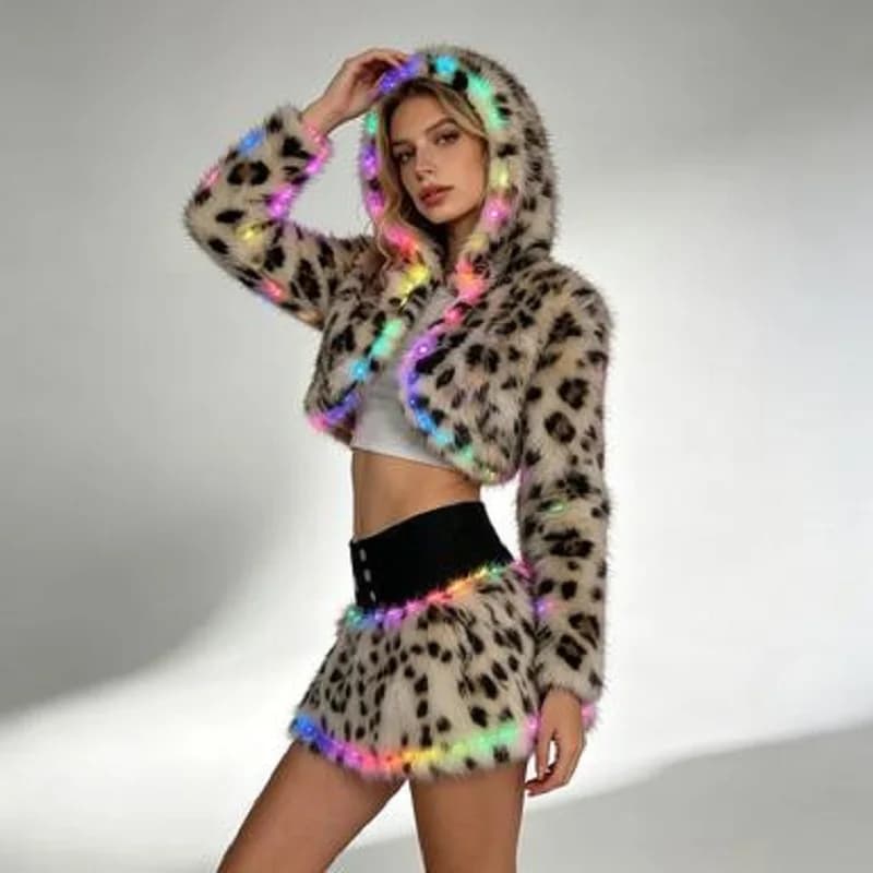 LED Women's Slim Fit Leopard Print Fur 2 Piece Set with Crop Top And Low Rise Skirt for Club Rave Outfit Jacket Included