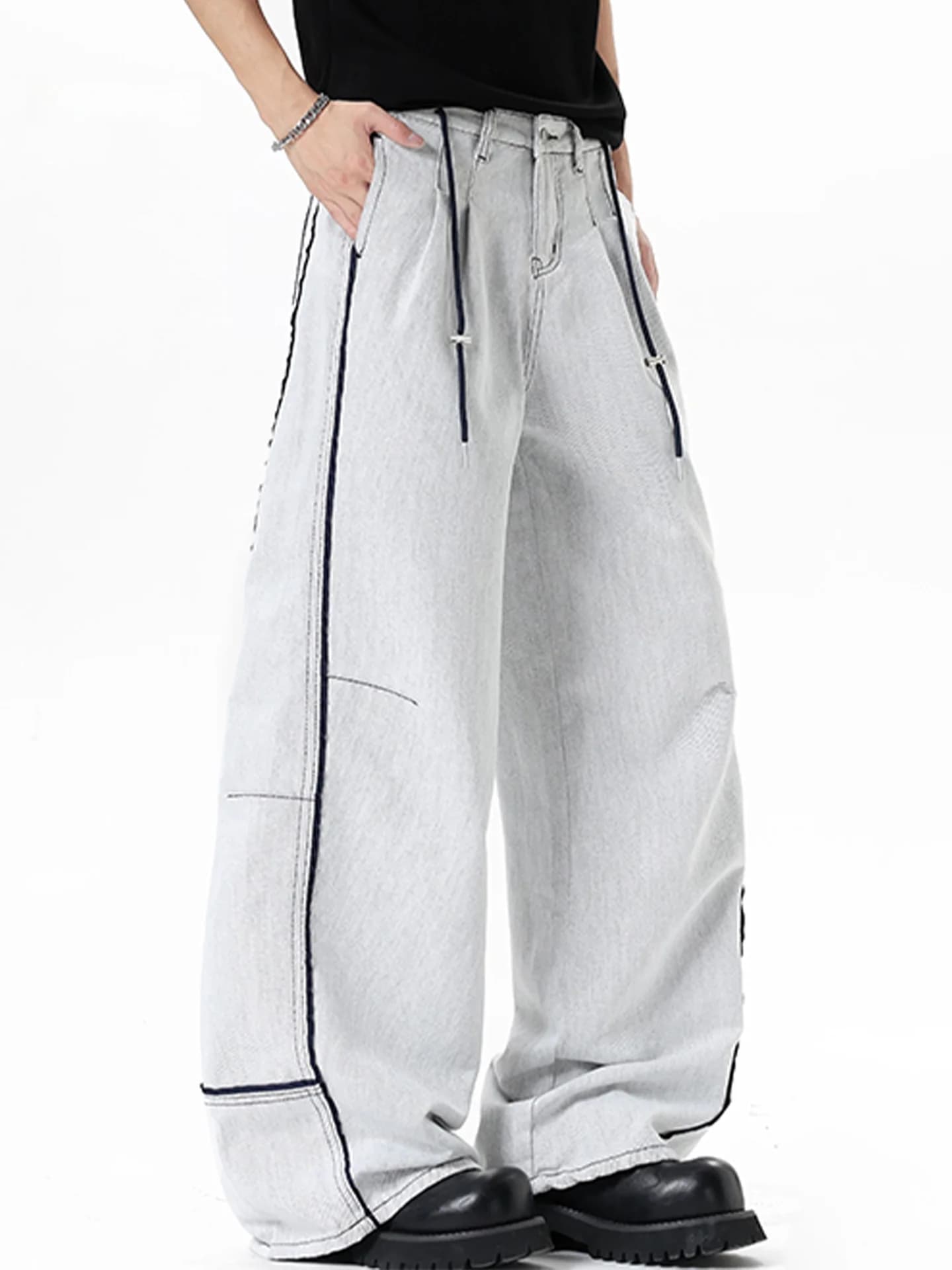 American Retro Belted Knife Jeans Men Summer Thin Washed Loose Straight Leg Wide Leg Pants Wmnm Brand Casual Wear Polyester F...