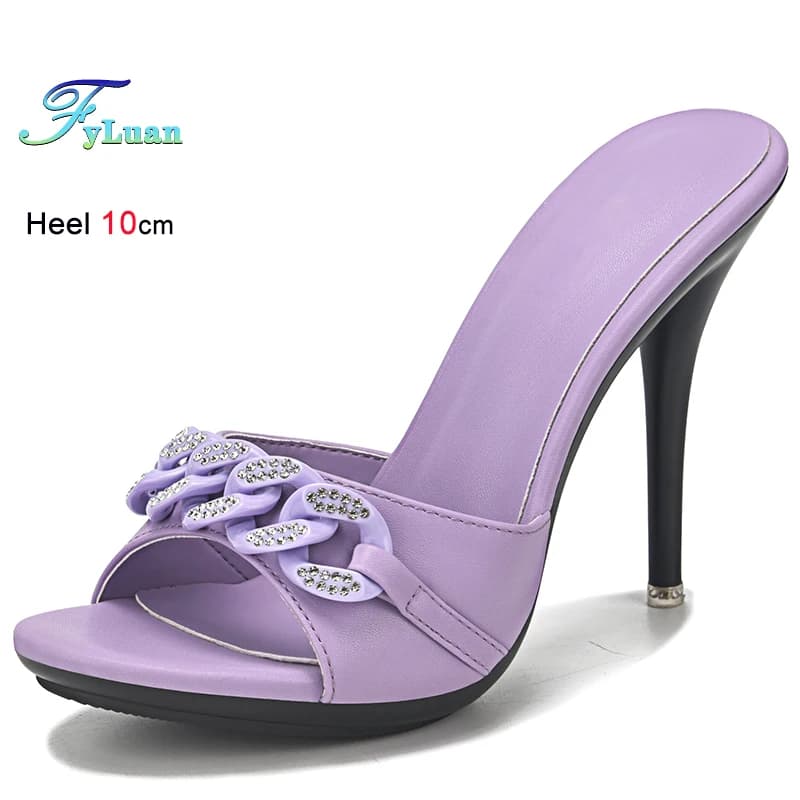 Taglia 35-43 Scarpe femminili estive 10CM Tacchi alti Presentazioni aziende produttrici giochi Pantofole stile catena per le donne Ciabatte Sandali con tacco sottile con strass di lusso