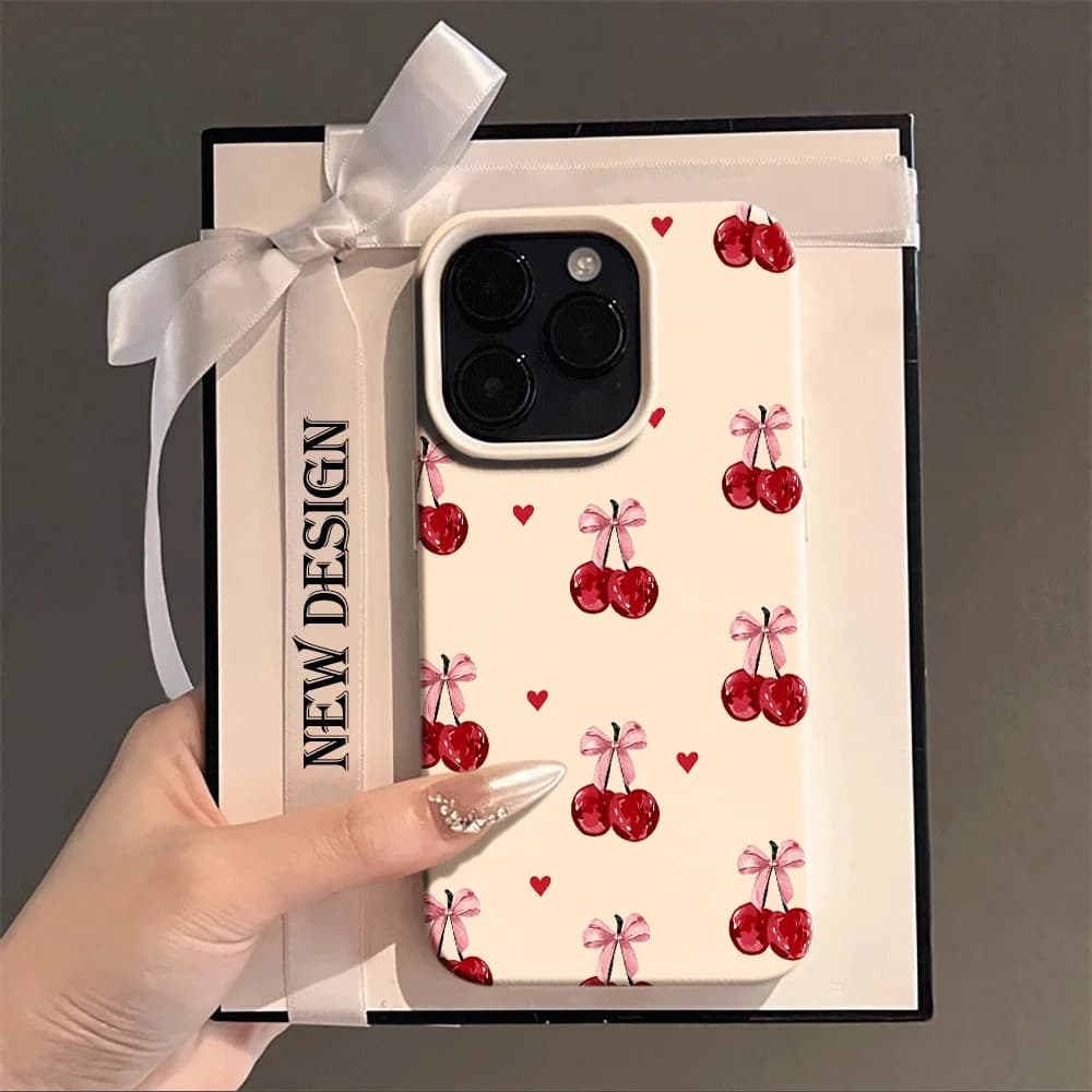Cherry & Pink Bow Print Phone Case for iPhone 17 11 12 13 14 15 16 Pro Max 17Air 15 14 16 Plus XR XS X 15 16 Pro SIlicone Cover
