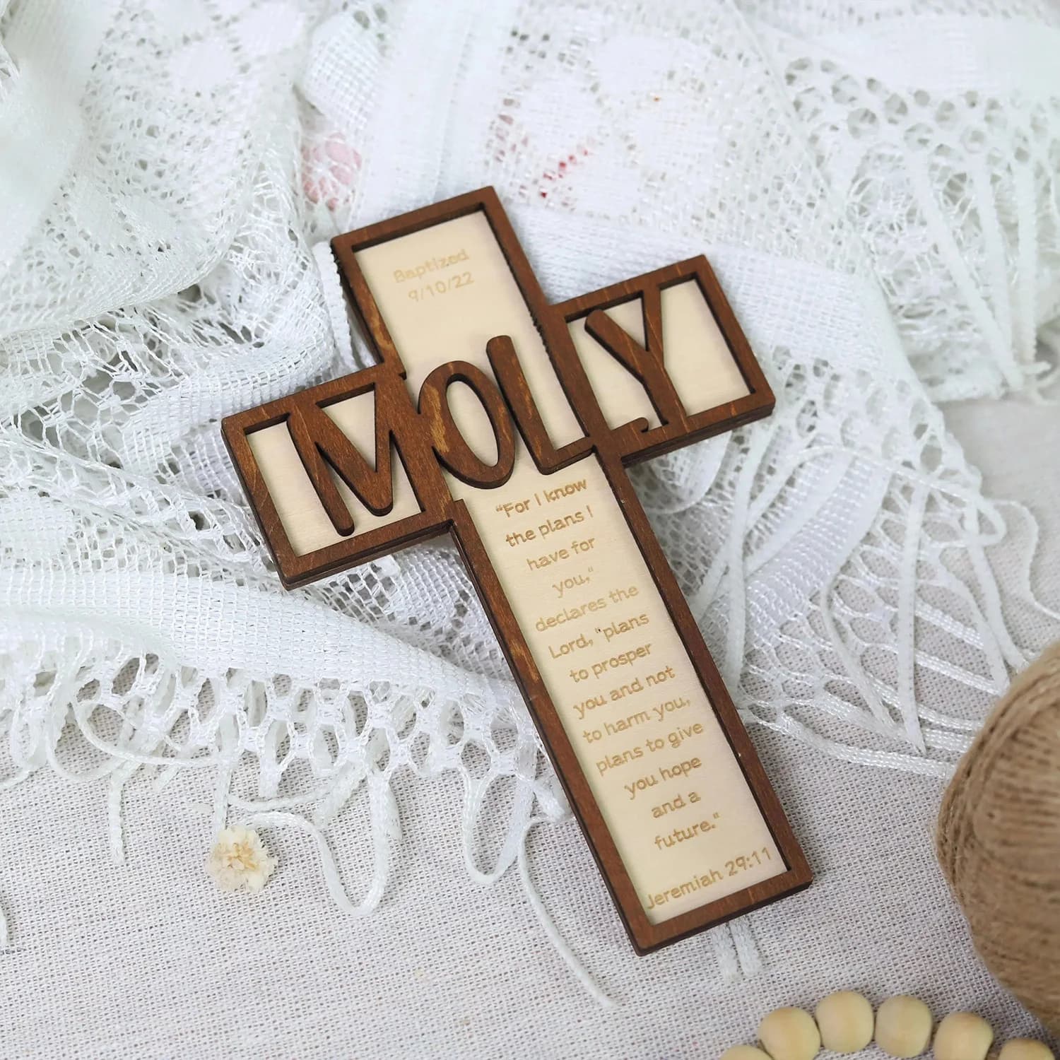 1pc Customizable Baptismal Cross,Wooden Baptismal Souvenir, First Communion Gift,Indoor or Church Decoration, Baptismal Ornament