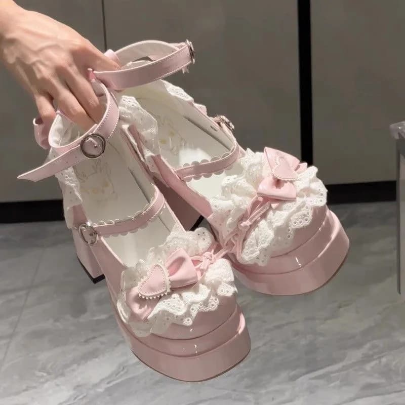 Sweet cute bows Lolita high heels lace heart bow ankle strap platform shoes Mary Jane for woman princess shoes style preppy