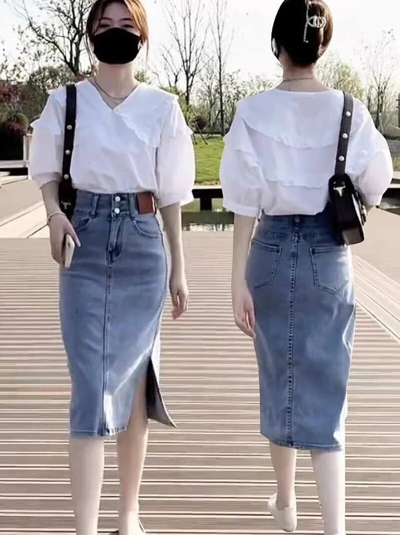 White Shirt And Denim Skirt Set Women's Doll Collar Summer Versatile Trendy Two-Piece Suit Polyester Fiber 100%