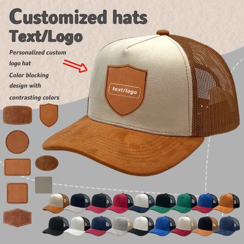 Custom Print PU Leather Label Logo Suede Color-block Baseball Cap Men and Women Outdoor Adjustable Mesh Truck Driver Hat Gorras