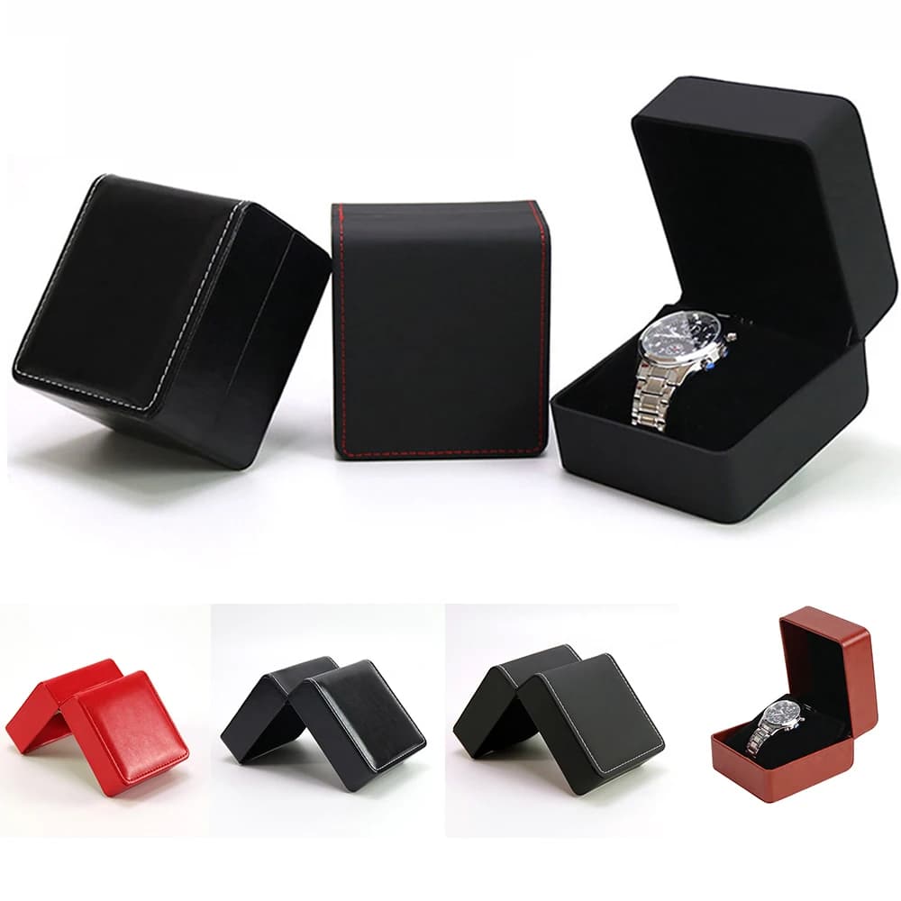Confezione regalo nera per orologio singolo con cuscino Vetrina per orologio da polso in pelle PU Organizzatore per uomo Custodia per orologio in pelle PU a conchiglia