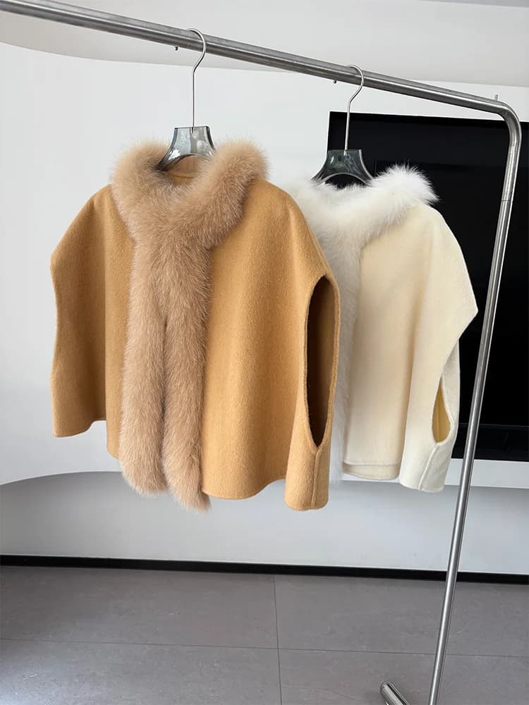 Cappotto invernale da donna in vera pelliccia di volpe naturale Mantello di lana Giacca corta calda in cashmere Cappotto femminile spesso di lusso