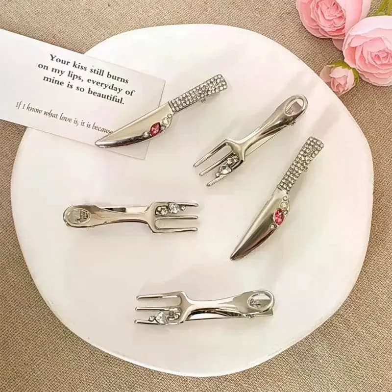 1/2Pcs Metal Silver Knife Fork Designs Hair Clip Color Rhinestones Hairpin Y2k Sweet Cool Girl Personality Hair Accessories