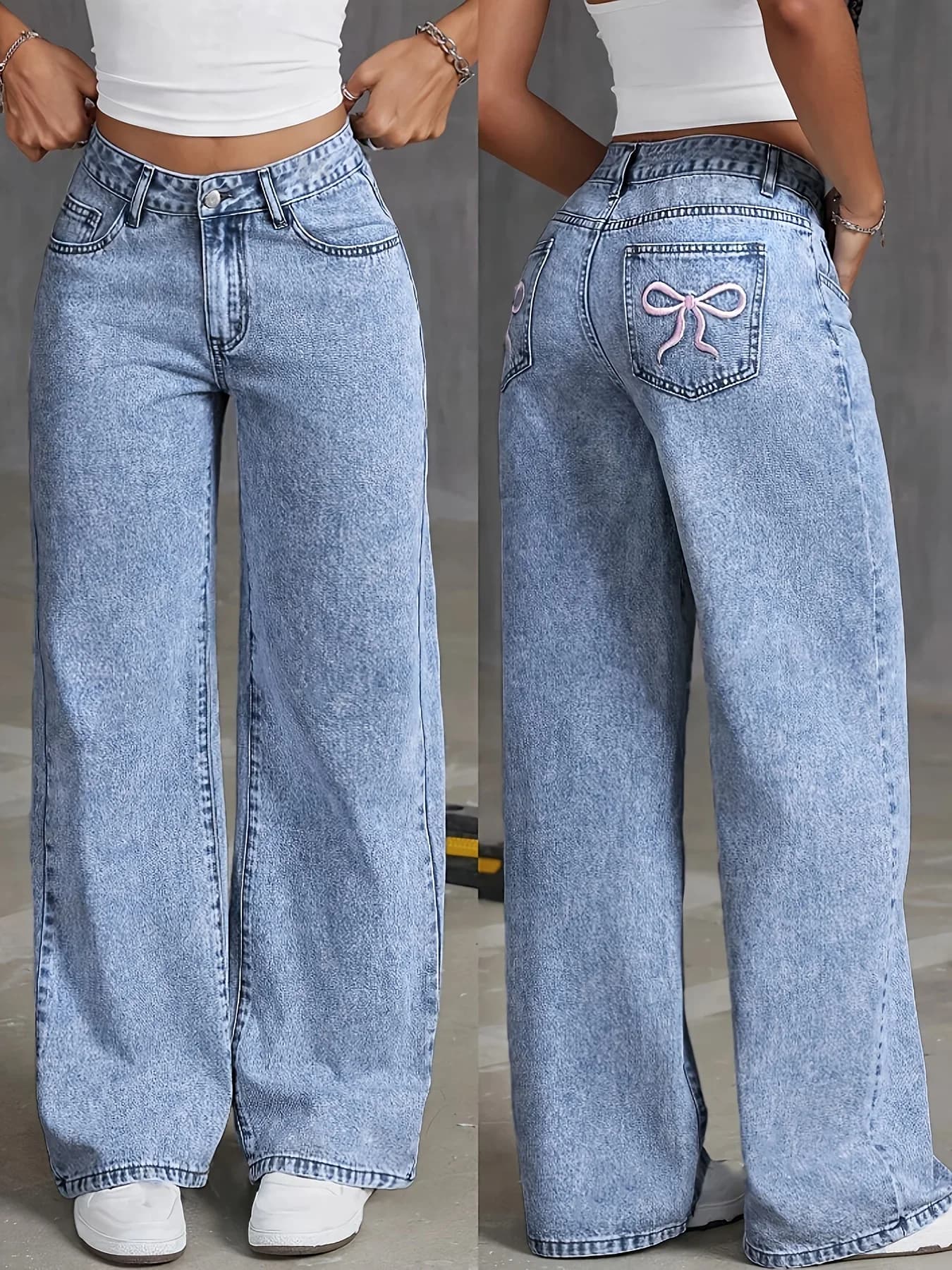 Pantaloni a gamba larga alla moda ricamati con tasca posteriore da donna Pantaloni versatili in denim lavato