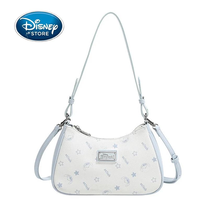Borsa sottobraccio da donna Disney Original Stitch Borsa a mano stampata in pelle PU azzurra Borsa a mezzaluna a tracolla singola da donna