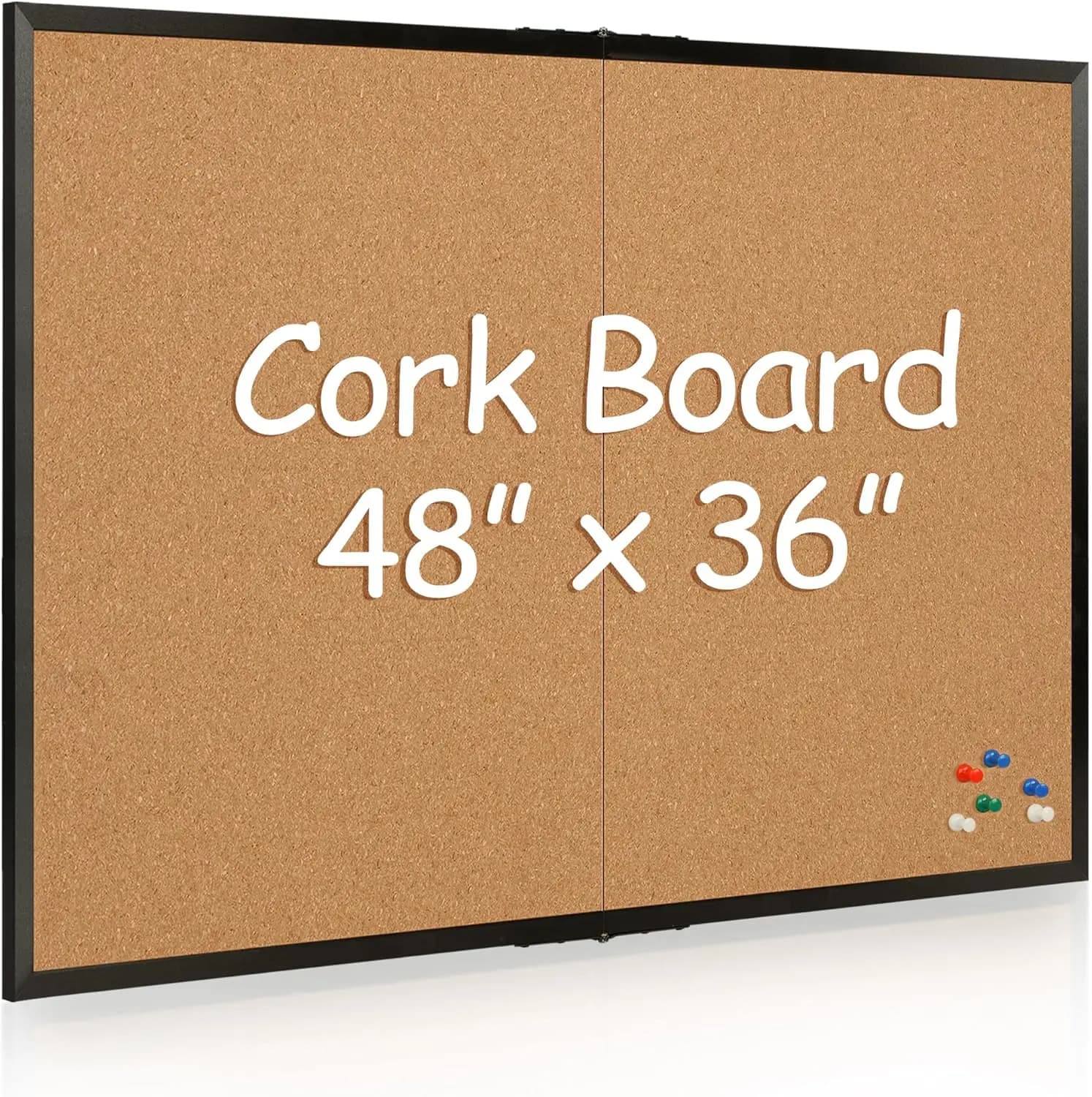 Grande Bacheca in Sughero con Cornice in Legno Nero 36x48, Pieghevole e Montabile a Parete, con Puntine per Casa, Ufficio e Scuola