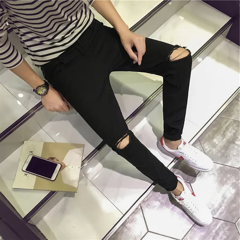 Jeans Slim Fit da Uomo con Strappi, Pantaloni Lunghi con Ginocchia Scoperte, Versione Coreana alla Moda, Pantaloni Modellanti per la Perdita di Peso Rapida