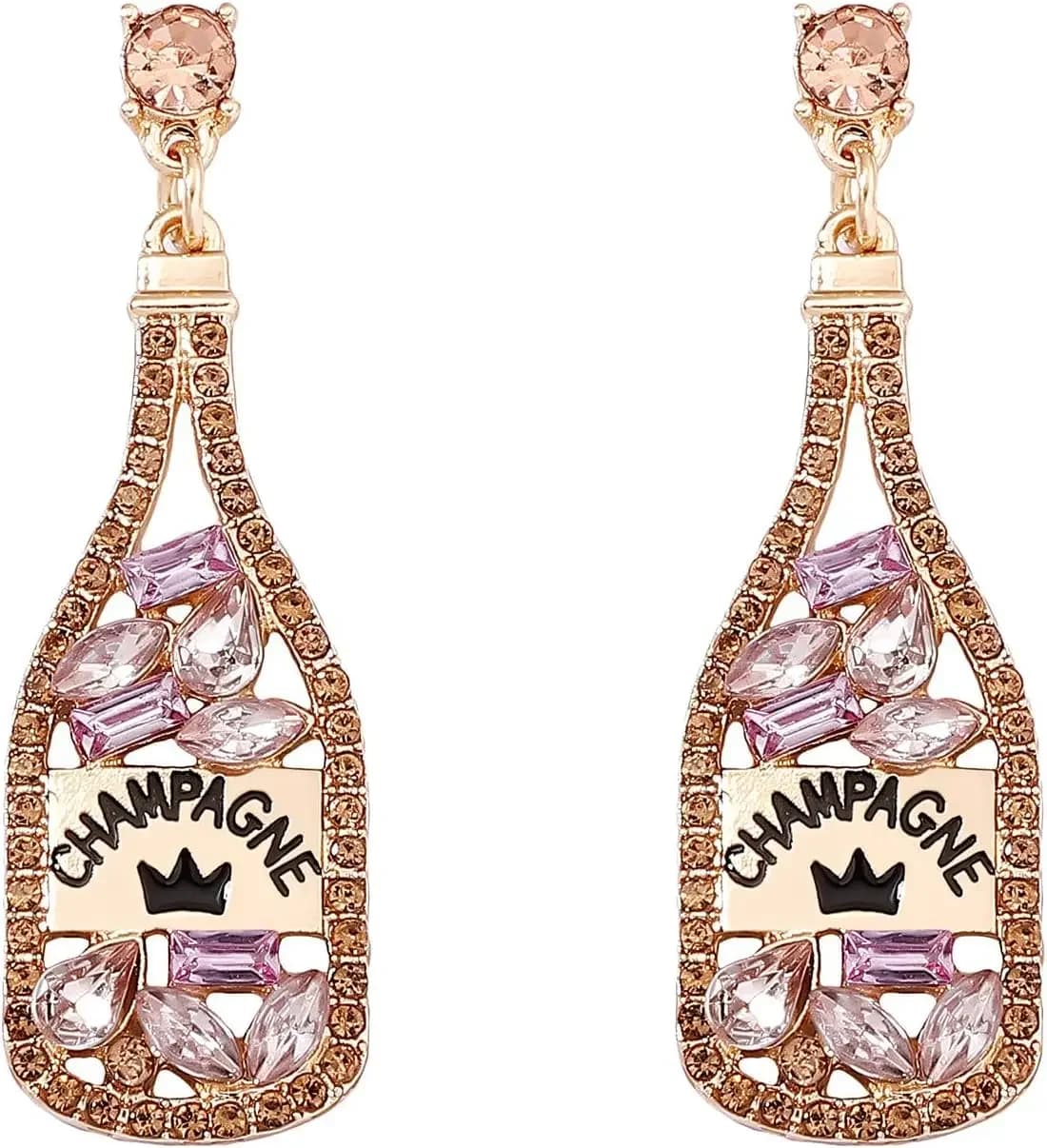 Champagne Glass Earrings Rhinestone Champagne Bottle Earrings Sparkly Crystal Pearl Wine Glass Ear-rings Birthday Party Prom Wedding Jewelry Accessories for Celebration