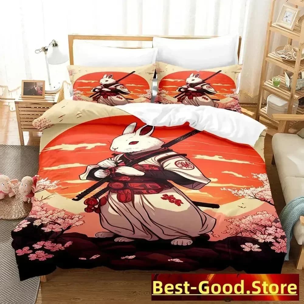 Set di biancheria da letto Samurai Rabbit, set letto singolo, matrimoniale, queen size, king size, per adulti e bambini, set copripiumino, anime, parure de lit