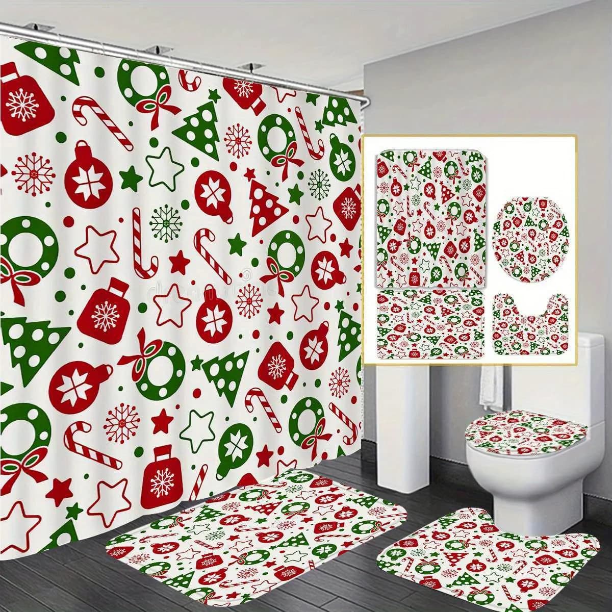 Natale Buon Natale 4 pezzi Set di tende da doccia con decorazioni natalizie, tenda da doccia impermeabile, tappeto da bagno, WC