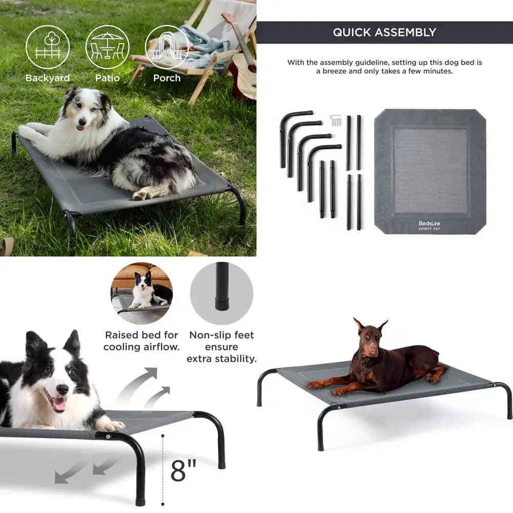 Cuccia portatile XL per cani da esterno con lettino rinfrescante, piedini antiscivolo, rete traspirante, grigio, 54