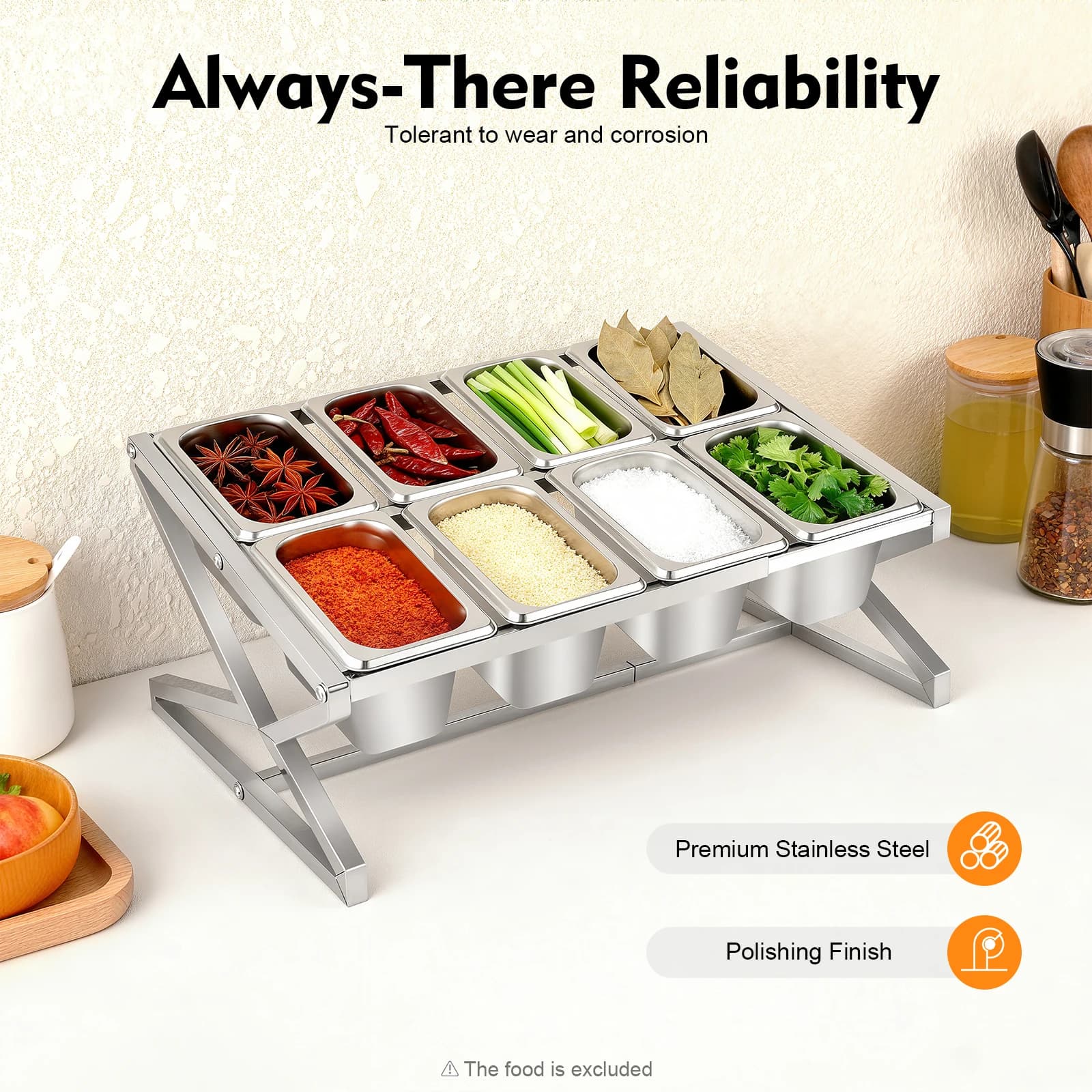 Portaspezie in acciaio inossidabile a 8 vaschette, scaffale per spezie da cucina, portaoggetti da cucina, organizer a strati con coperchi per buffet da cucina