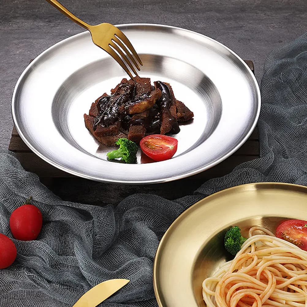 Elegante Piatto Rotondo in Acciaio Inossidabile, Superficie Liscia, Facile da Pulire, Compatto e Leggero, Vassoio per Servire Torte, Dessert e Frutta, per Casa